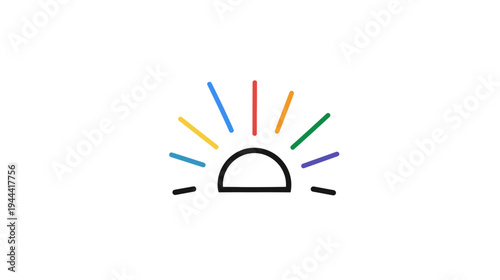 A simplistic graphic with a semi-circle beneath colorful rays extending outwards