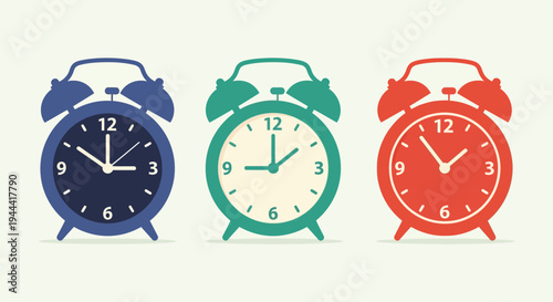 Three colorful retro alarm clocks stand side by side displaying slightly different times creating a vibrant scene silhouette high quality professional detailed