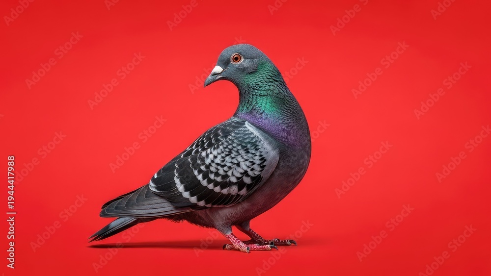 Fototapeta premium Elegant pigeon bird with colorful feathers against a vibrant red backdrop