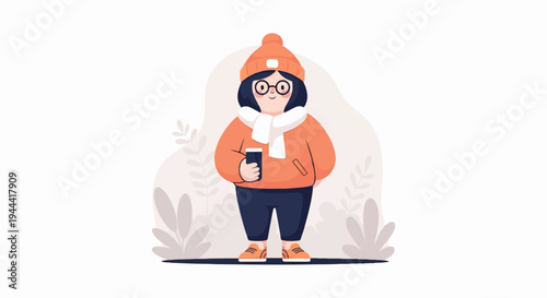 A person in winter clothes holding a hot drink with stylized plants in background