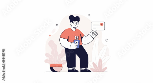 Person holding a phone, interacting with a digital message bubble