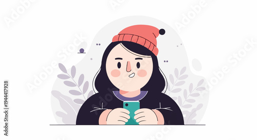 Illustrated young person in a coral beanie looking at a turquoise smartphone