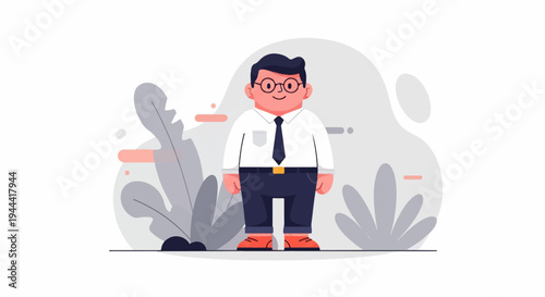 Cartoon man in business attire with round glasses, standing amidst abstract plants