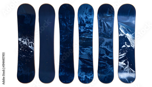Six snowboards, various designs in navy, mountain themes, and a simple solid navy option