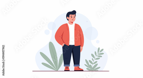 Stylized depiction of a young man in casual clothing stands amidst abstract shapes and plants