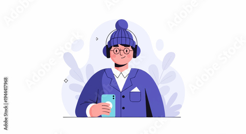 Young person in winter hat and headphones holds phone, wears blue suit