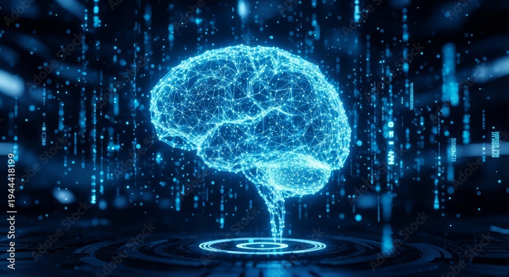 Obraz premium Futuristic AI brain hologram, glowing neural network connections, blue neon light, floating digital particles, high-tech artificial intelligence concept, dark background, ultra-realistic 3D render