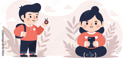 Two cheerful, stylized children, a boy with a backpack and a girl with a phone, surrounded by abstract foliage