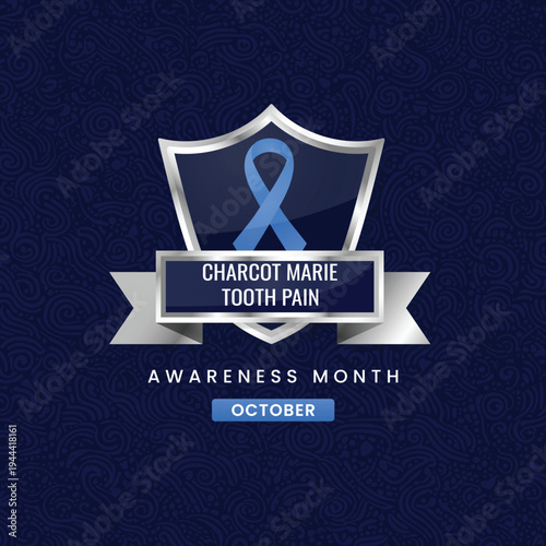 3D illustration for CMT Awareness Month in October. Blue ribbon on a silver shield over a dark blue pattern background. Vector medical awareness for nerve disorders.