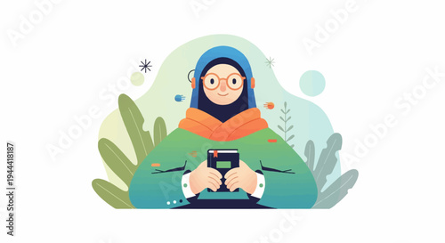 A stylized person in a hijab and glasses holds a book surrounded by plants