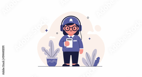 A character in headphones and glasses holds a phone, surrounded by plants and abstract shapes