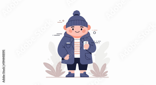 A stylized child in winter attire holds a mobile device amidst foliage