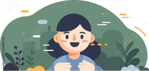 A stylized cartoon person with dark hair and rosy cheeks