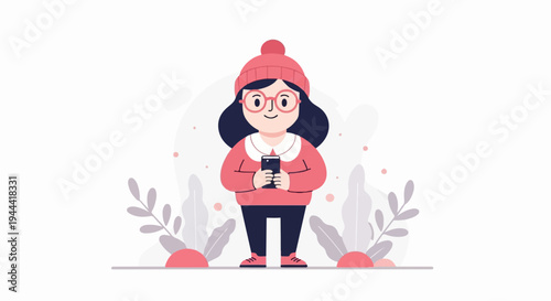 A pixelated cartoon character in a pink beanie and sweater holds a phone