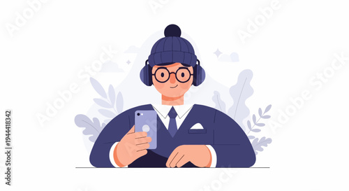 Person in hat and headphones, holding phone, with plants
