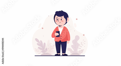 Cheerful person in coral jacket, holding smartphone amidst stylized plants and soft background shapes