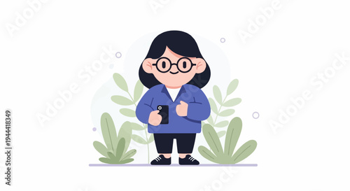 A cartoon character with glasses, a blue jacket, holding a phone