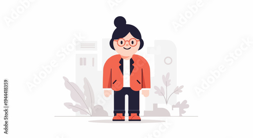 A stylized, flat illustration of a person with glasses, wearing an orange jacket and dark pants