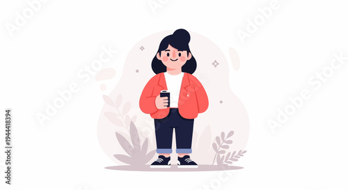 Cartoon woman in casual clothes holding a drink, with abstract floral background