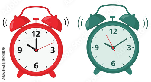 Two brightly colored alarm clocks one red and one green display different times with a flat illustrative silhouette high quality professional