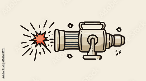 A cartoon cannon fires. The design is in brown tones with an explosion detail at the side