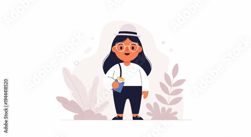 A cheerful, cartoon-style person with dark hair, glasses, and a hat holds a drink