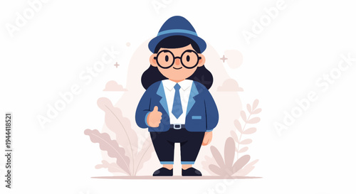 A stylized illustration of a person in a suit and hat giving a thumbs up, with minimalist plant elements
