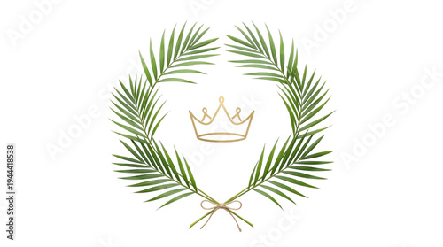 Green palm leaf wreath with a golden crown icon for Palm Sunday religious celebrations and Christian holy week church decorations, isolated and cut out on a transparent background.
