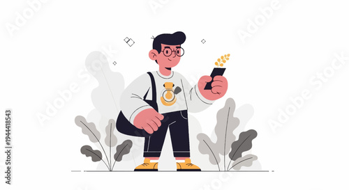 Young person with glasses, phone, and bag, surrounded by abstract plants