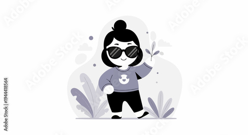 A stylized character with sunglasses and a bun hairstyle stands amidst abstract flora and clouds