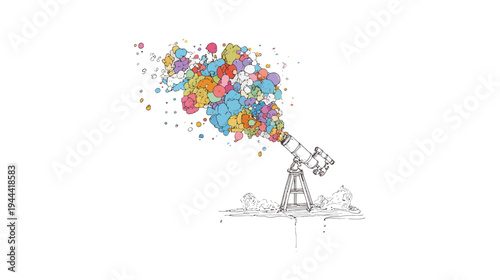 Illustration of a telescope emitting a colorful cloud of paint. The artwork is on a white background