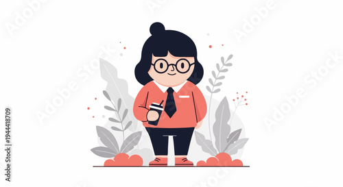 Cartoon character with glasses and coffee cup, surrounded by abstract foliage