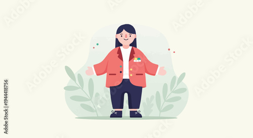 A smiling person in a red jacket and blue pants with arms outstretched, set against a light background with leafy plants