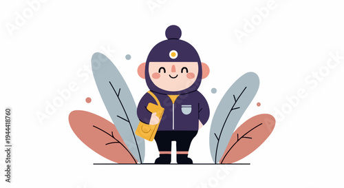 A cheerful, round-faced character in winter attire, holding a yellow bag