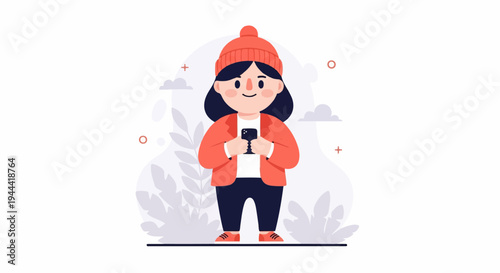 A cheerful young person in a knitted hat and jacket, holding a smartphone and looking at it