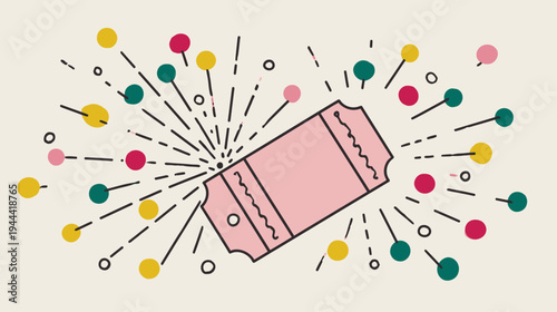 Illustration of a pink ticket with bursts and colorful dots, a festive celebratory design