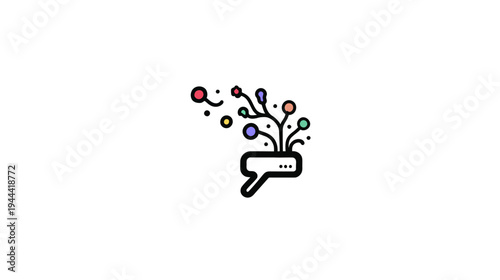 A speech bubble base with colored orbs and stems, minimalist and abstract design