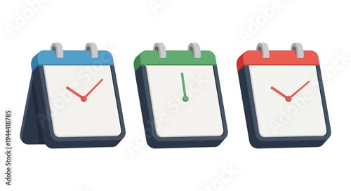 Three colorful calendar icons displaying different times with checkmarks representing scheduling and deadlines silhouette high quality professional detailed modern elegant stylish
