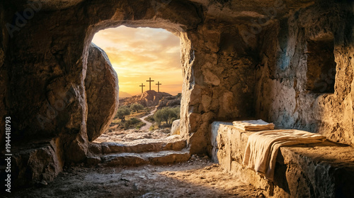 Morning resurrection scene: Empty tomb with shroud and three crosses on top of hill under shining golden sunrise - Christian concept of Easter hope