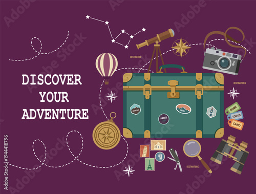 Discover your adventure collage. Travel elements. Vector Illustration. Tourism and vacation concept. Banner for trip journey.