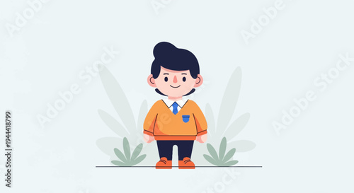 A cheerful, cartoon boy in an orange sweater and tie stands against a pale green background with abstract foliage
