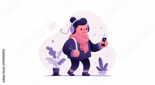 A person in headphones and scarf holds a phone, with plants nearby