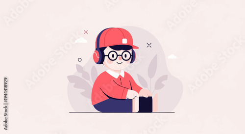 A boy with a red cap and headphones is sitting down and smiling, looking happy