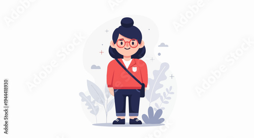A stylized character with dark hair in a bun, red glasses, and an orange jacket stands in a minimalist botanical setting