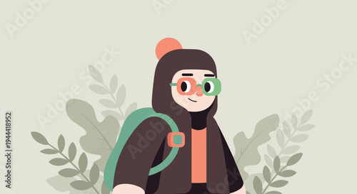 Cheerful character with backpack and unique glasses, surrounded by plants