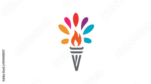 A stylized torch design featuring flames, colorful bursts, and a grey handle against white