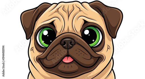 Cute Pug Dog Portrait, Cartoon Style, Big Green Eyes, Adorable Pet Face