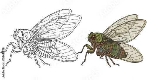 Cicada Insect Outline and Illustration - Side View