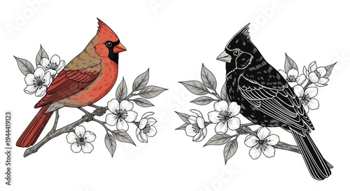 Cardinal Birds on Cherry Blossom Branch - Red and Black Silhouette