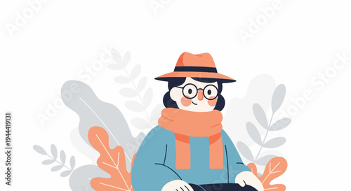 A stylized person wearing a hat and scarf, surrounded by abstract foliage